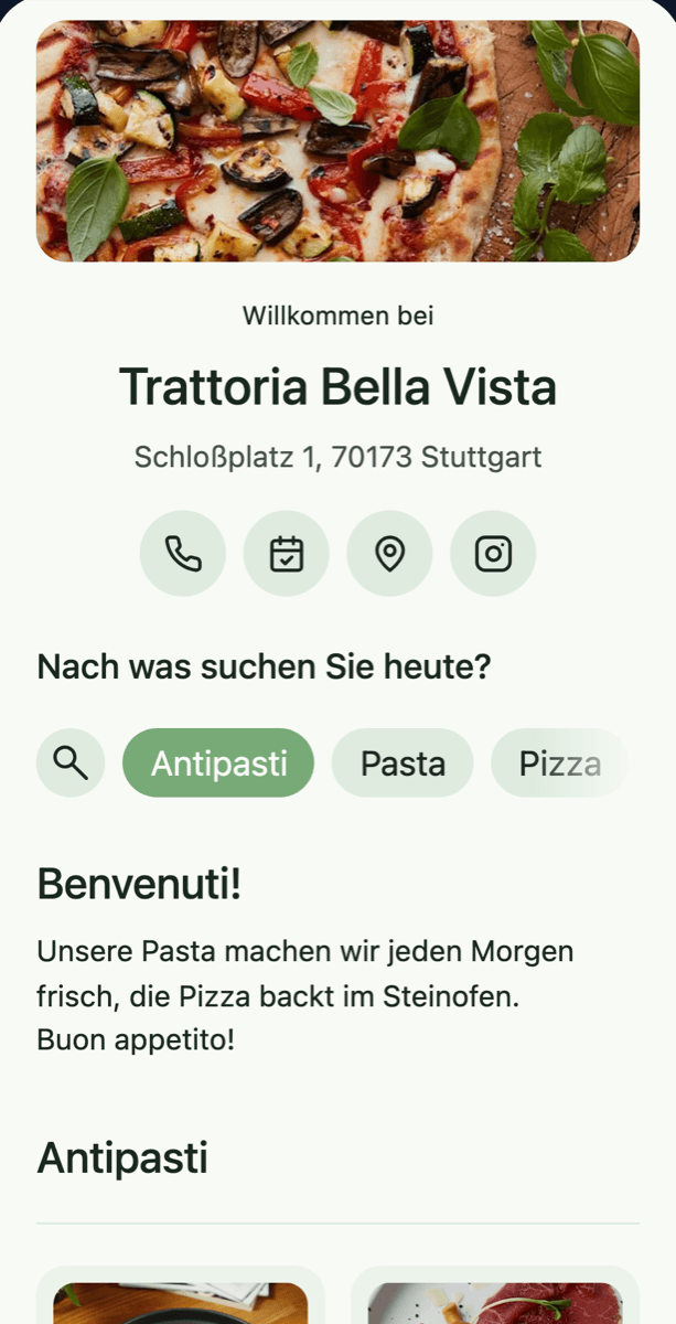 Die Demo-Karte im Design Frisches Grün mit Gerichten als Kacheln