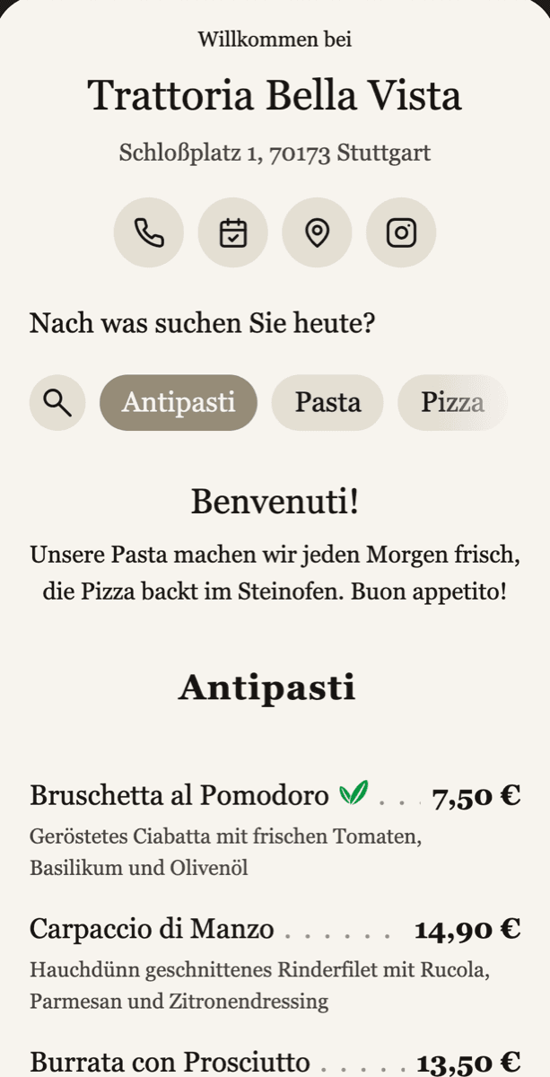 Die Demo-Karte im Design Editorial als klassische Preisliste
