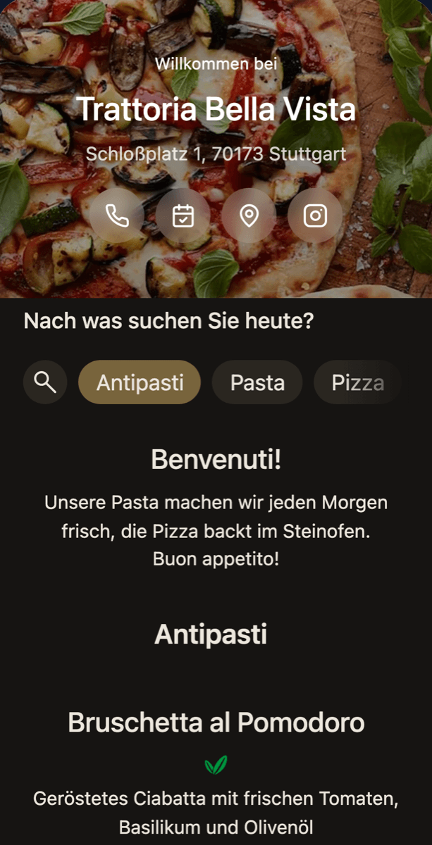 Die Demo-Karte im Design Dunkel Elegant mit Foto im Kopfbereich