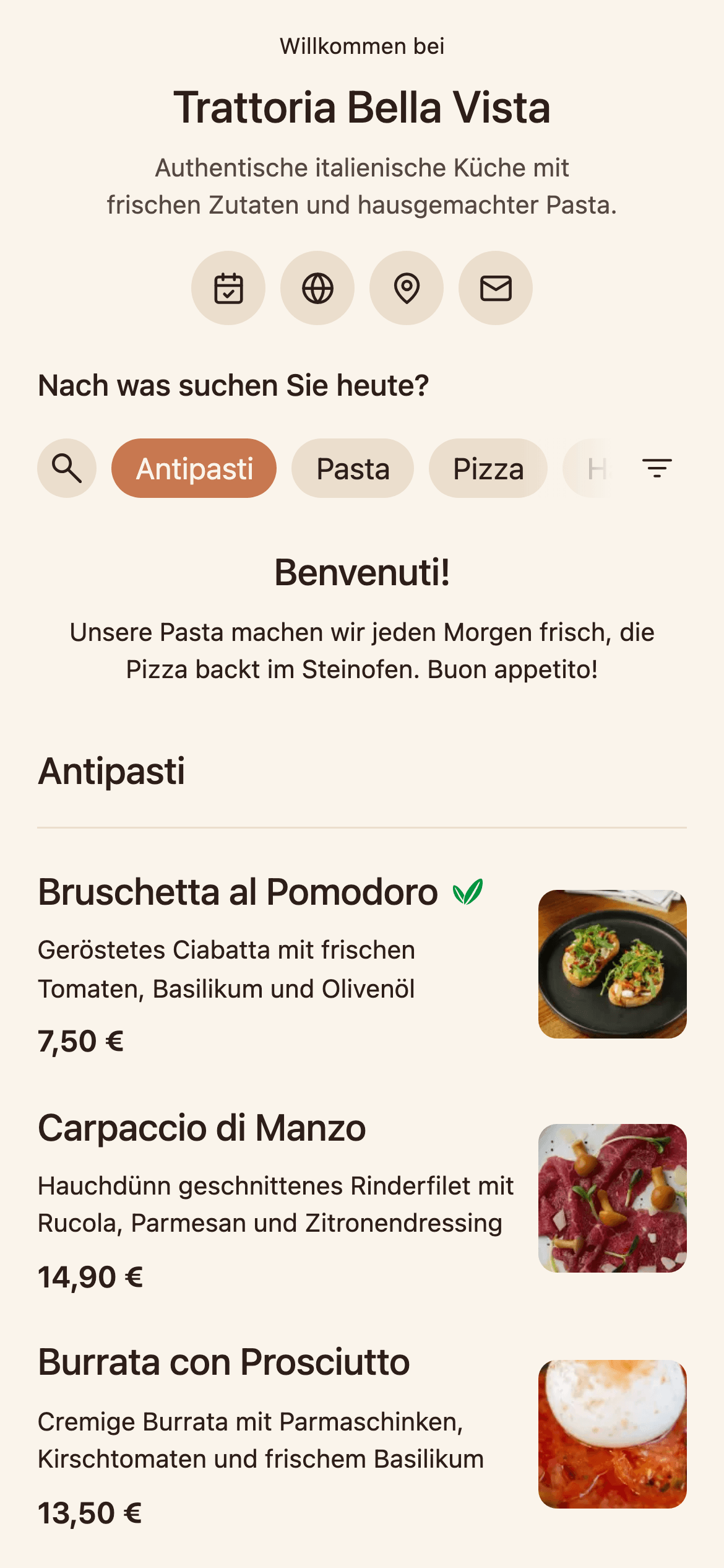 Simpli Speisekarte auf dem Smartphone