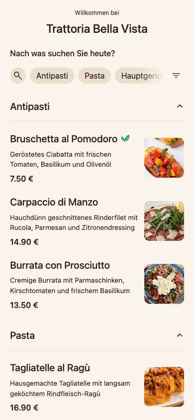 Simpli Speisekarte auf dem Smartphone